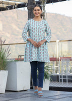Kaajh Light Green Floral Print Cotton Shirt Style Tunic - Distacart
