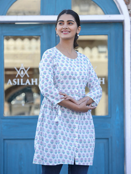 Kaajh White Floral Print Cotton Shirt Style Tunic