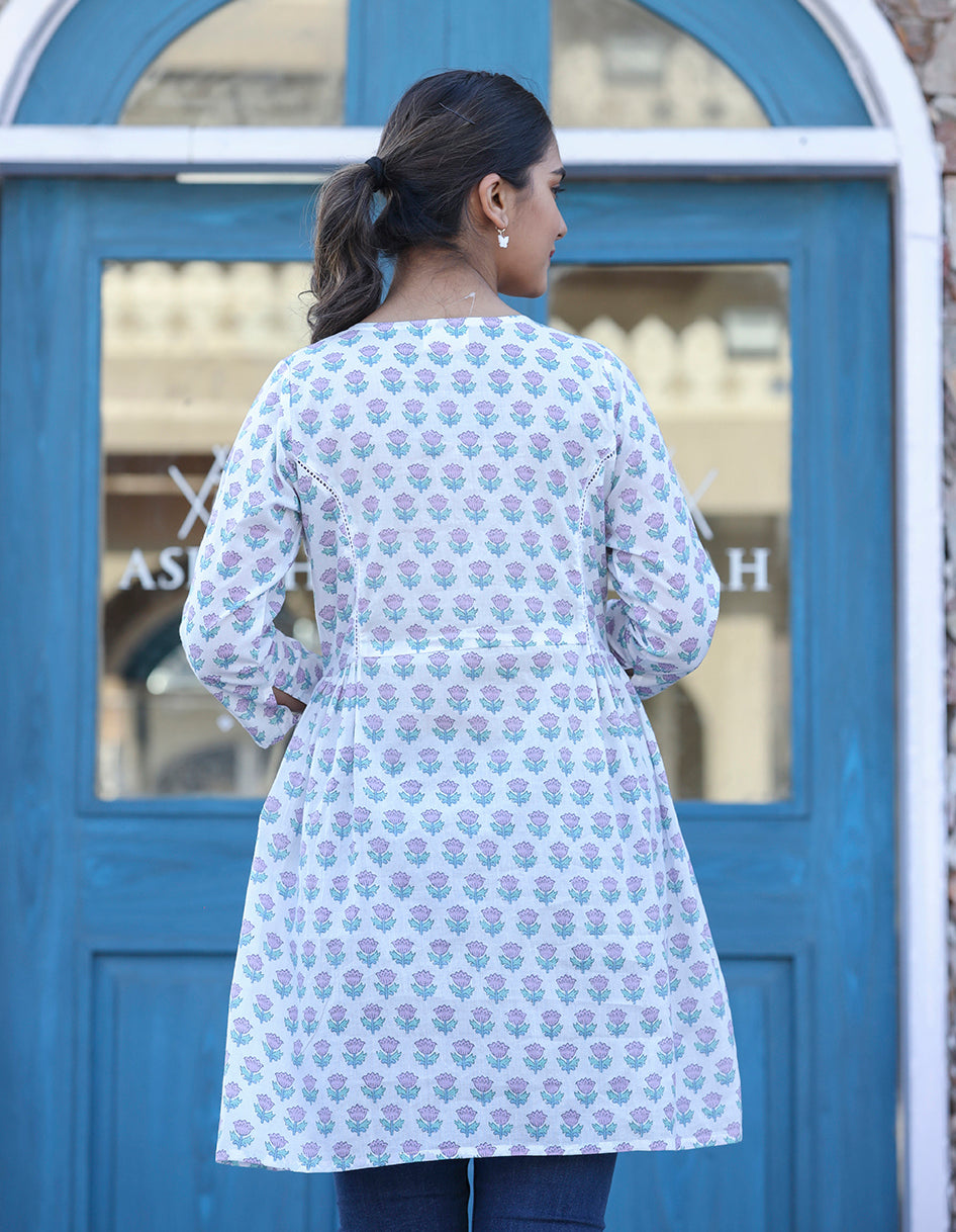Kaajh White Floral Print Cotton Shirt Style Tunic - Distacart