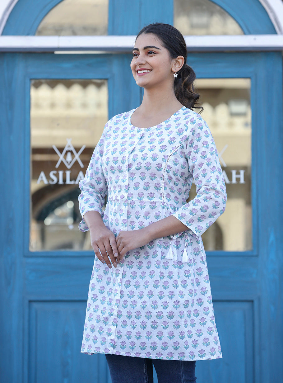 Kaajh White Floral Print Cotton Shirt Style Tunic - Distacart