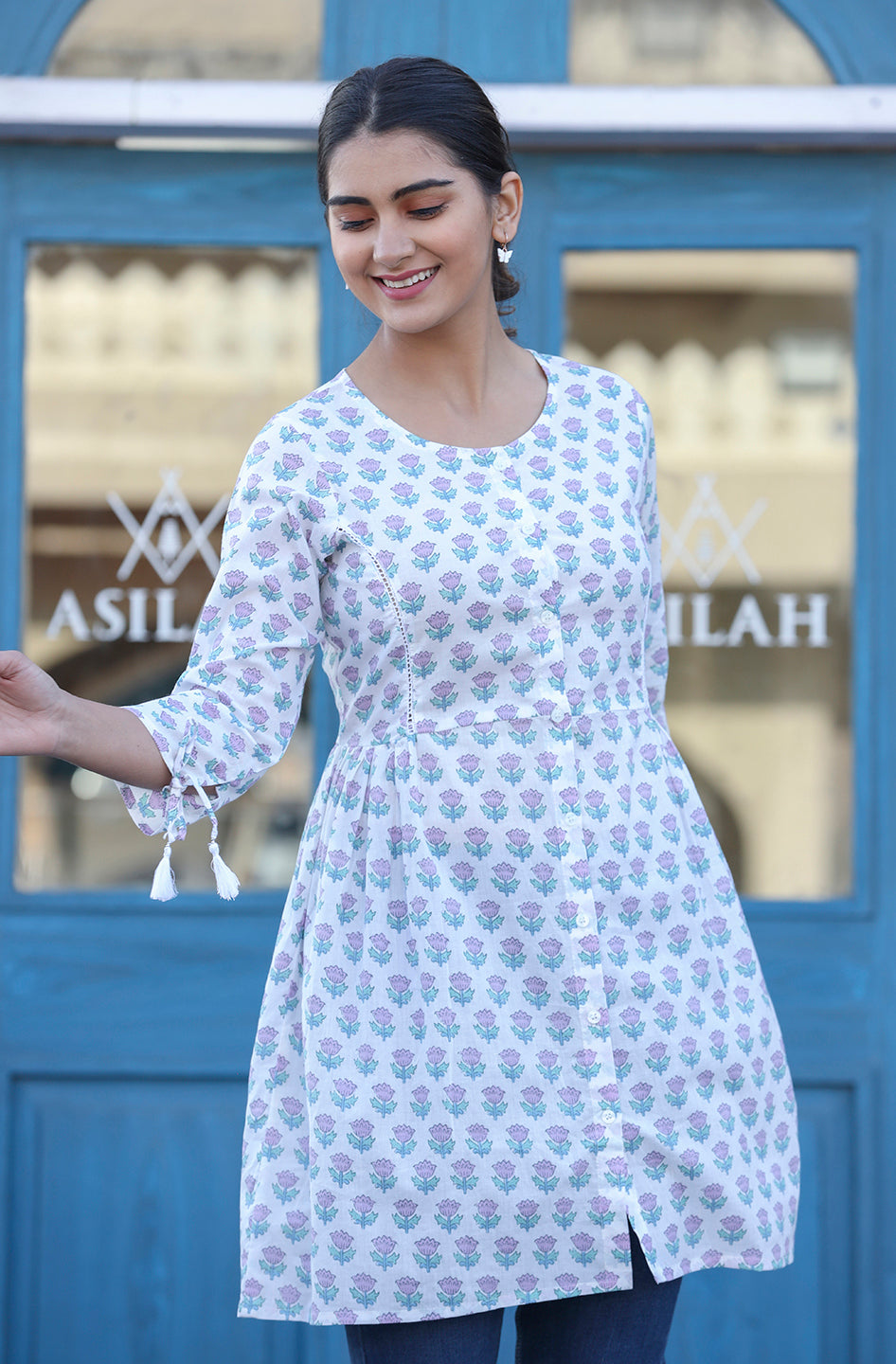 Kaajh White Floral Print Cotton Shirt Style Tunic - Distacart