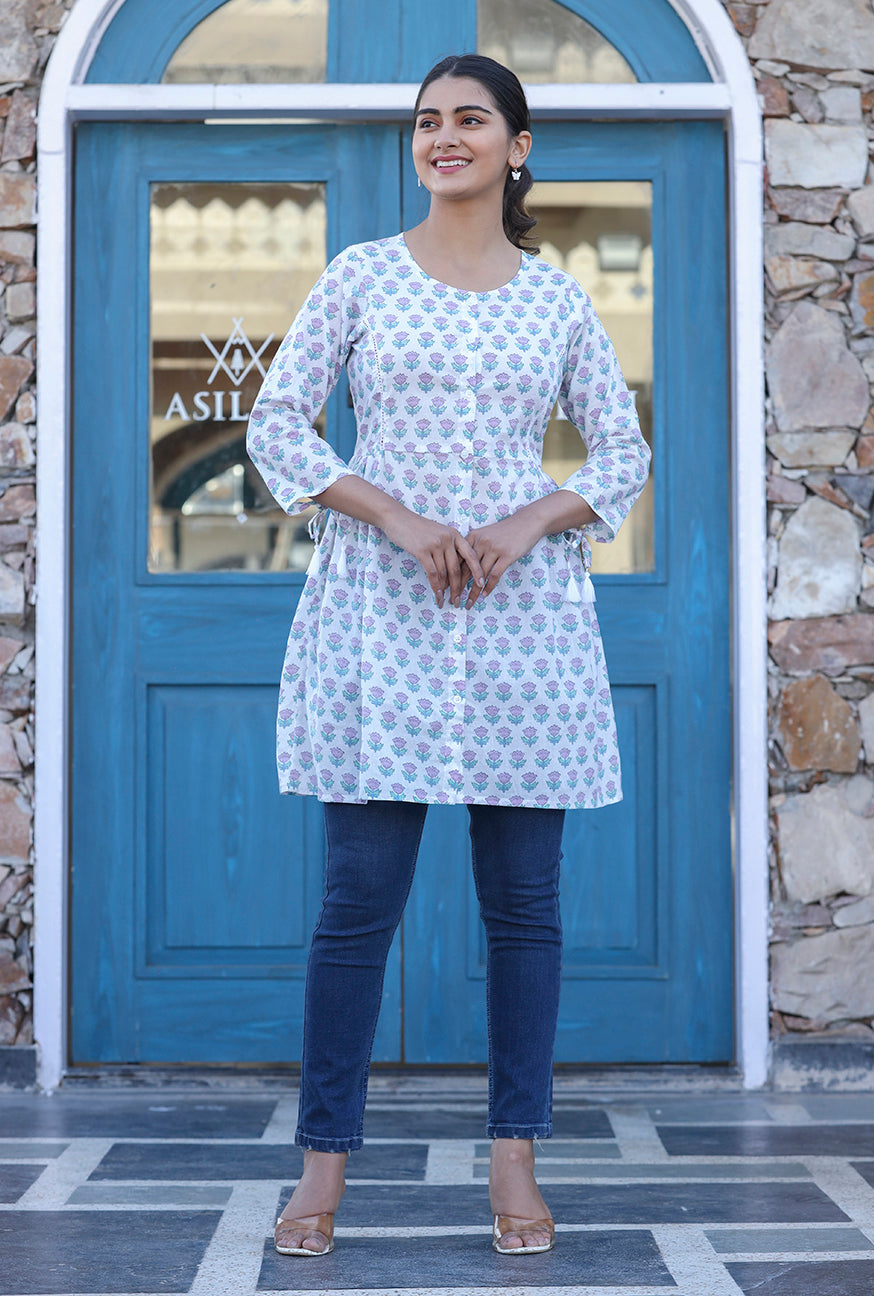 Kaajh White Floral Print Cotton Shirt Style Tunic - Distacart