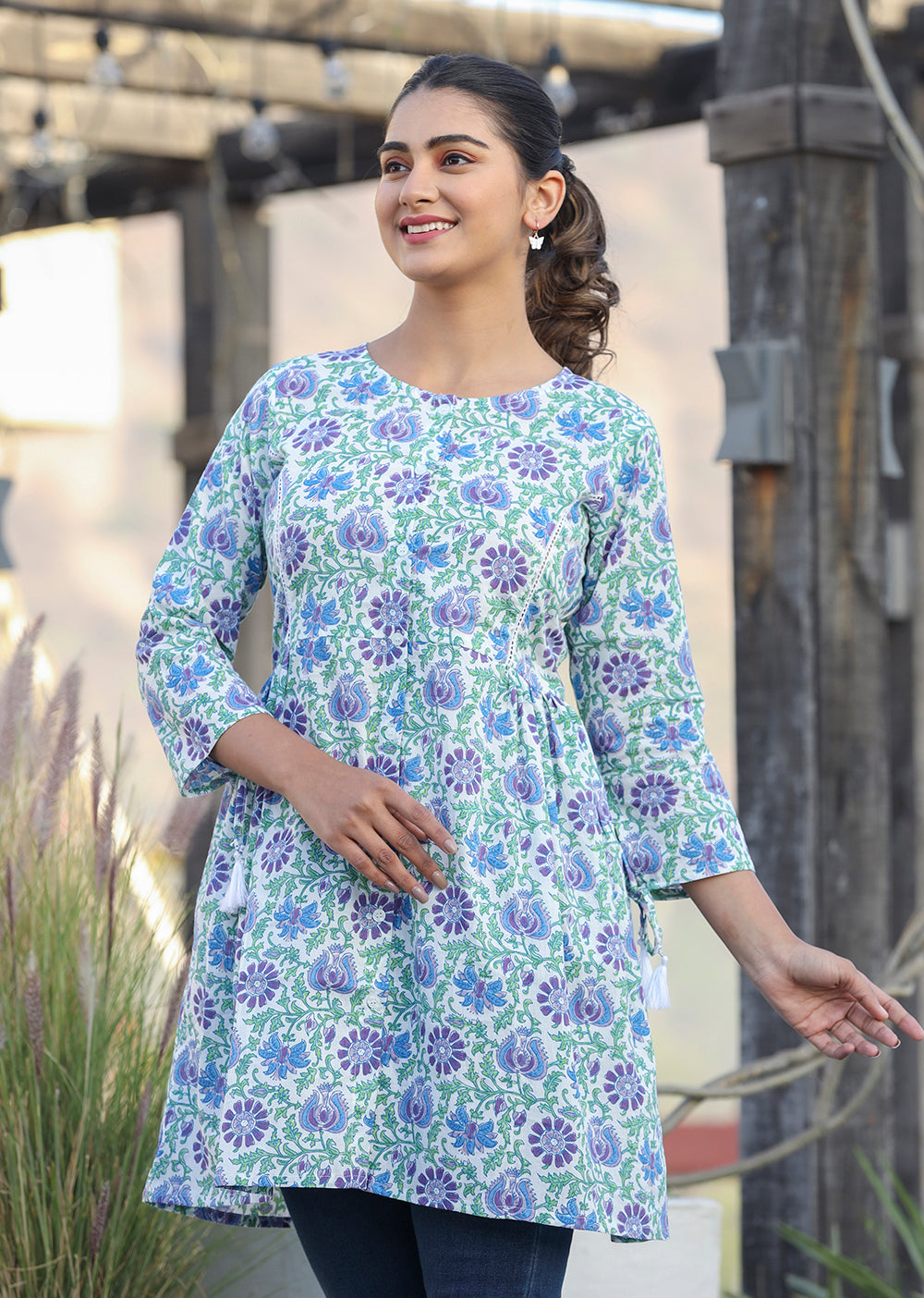 Kaajh White-Blue Floral Print Cotton Shirt Style Tunic - Distacart
