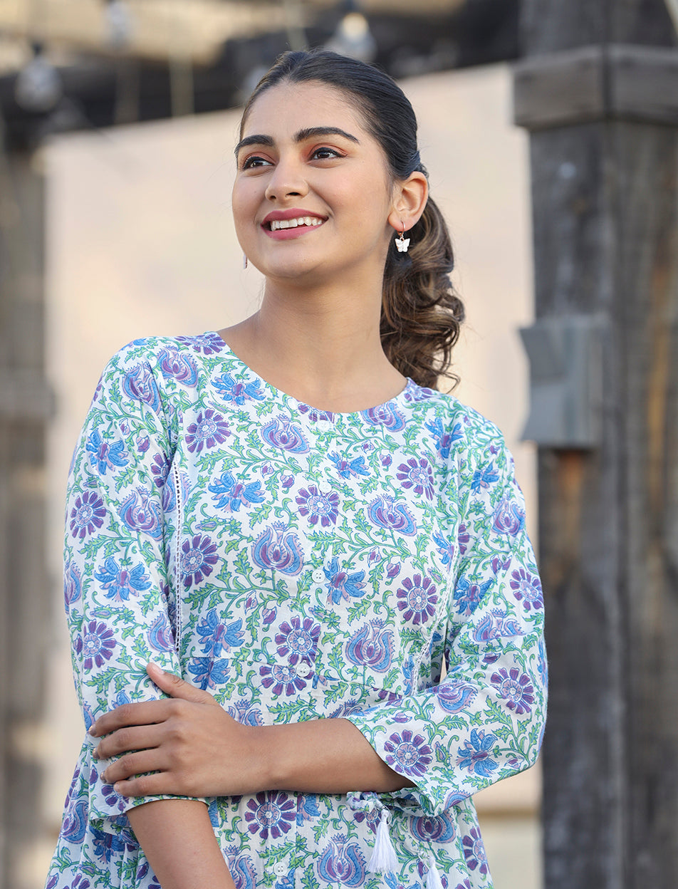 Kaajh White-Blue Floral Print Cotton Shirt Style Tunic - Distacart