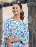 Kaajh White-Blue Floral Print Cotton Shirt Style Tunic - Distacart