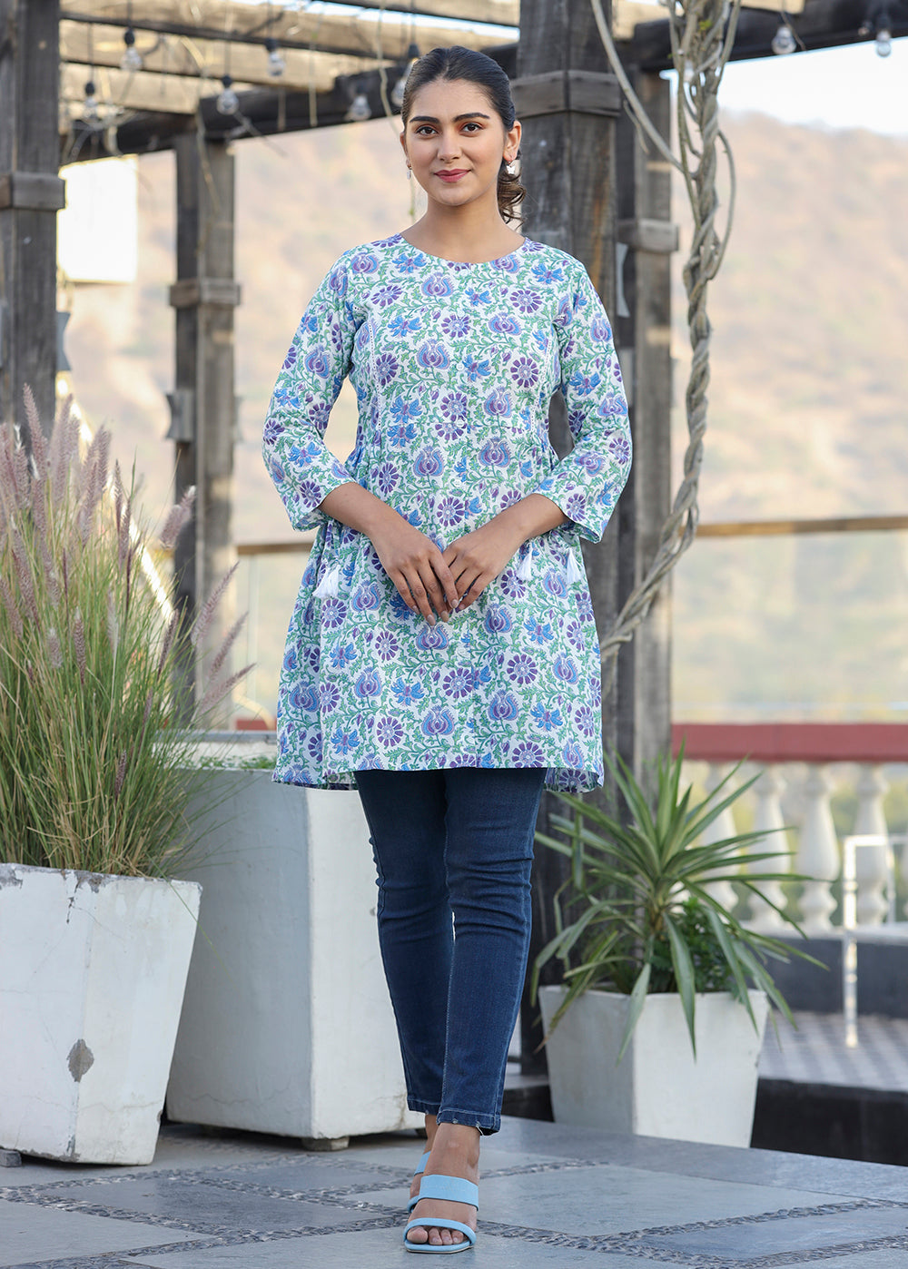 Kaajh White-Blue Floral Print Cotton Shirt Style Tunic - Distacart