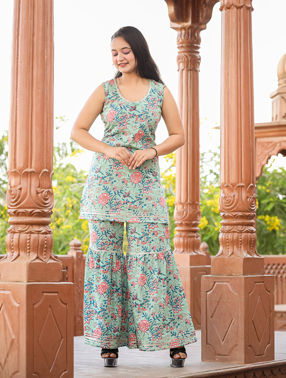Kaajh Women's Turquoise Floral Printed Kurta With Sharara - Distacart