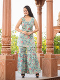 Kaajh Women's Turquoise Floral Printed Kurta With Sharara - Distacart