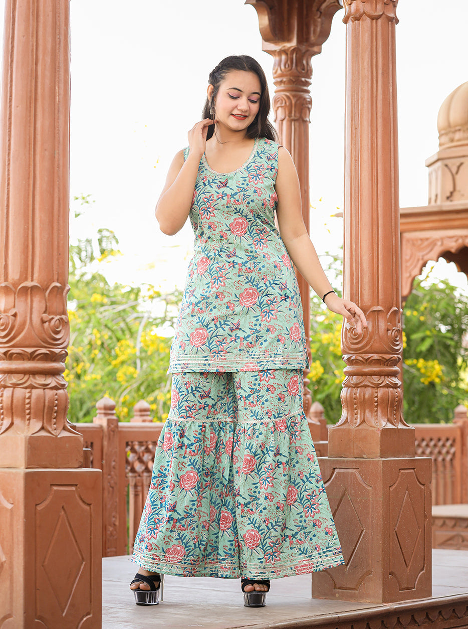 Kaajh Women's Turquoise Floral Printed Kurta With Sharara - Distacart