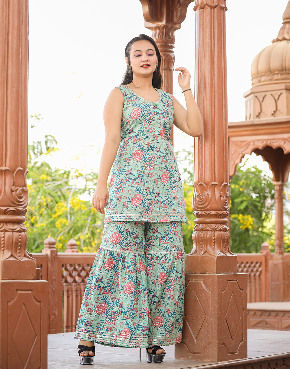 Kaajh Women's Turquoise Floral Printed Kurta With Sharara - Distacart