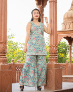 Kaajh Women's Turquoise Floral Printed Kurta With Sharara - Distacart