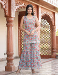Kaajh Women's Sky Blue Floral Printed Kurta With Sharara - Distacart