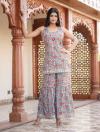 Kaajh Women's Sky Blue Floral Printed Kurta With Sharara - Distacart