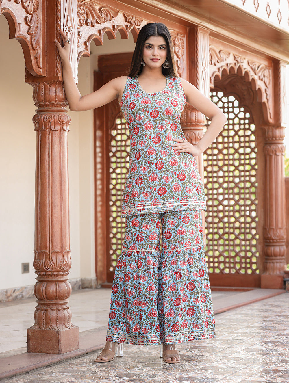 Kaajh Women's Sky Blue Floral Printed Kurta With Sharara - Distacart