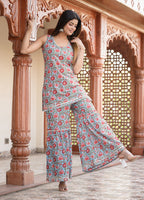 Kaajh Women's Sky Blue Floral Printed Kurta With Sharara - Distacart