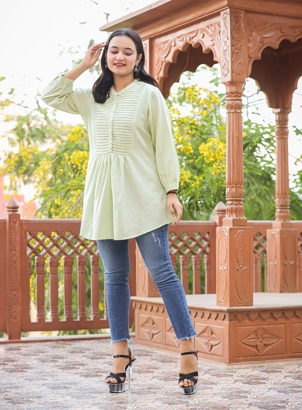 Kaajh Women's Pastel Green Cotton Tunic Top - Distacart