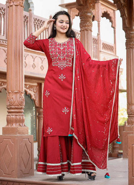 Kaajh Women's Red Rayon Embroidered Kurta Sharara Set With Dupatta