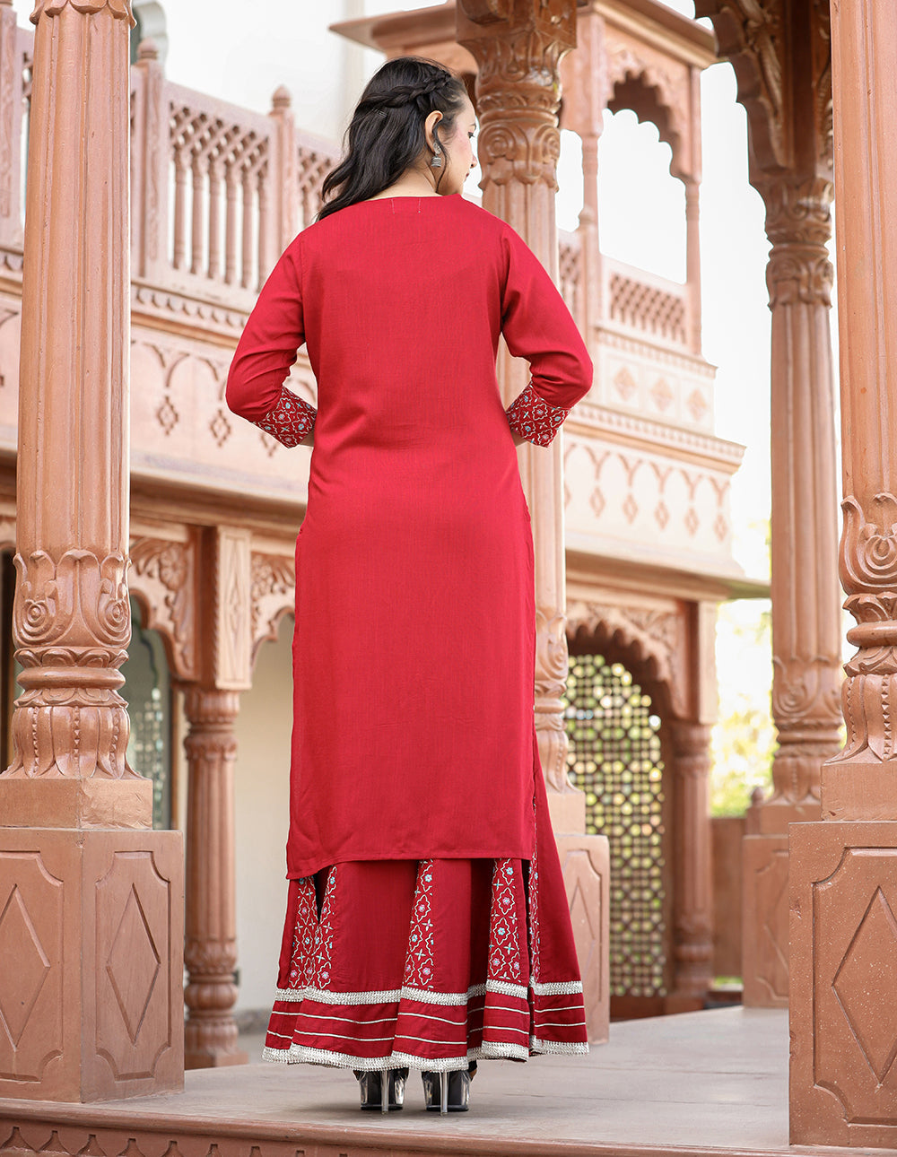Kaajh Women's Red Rayon Embroidered Kurta Sharara Set With Dupatta - Distacart
