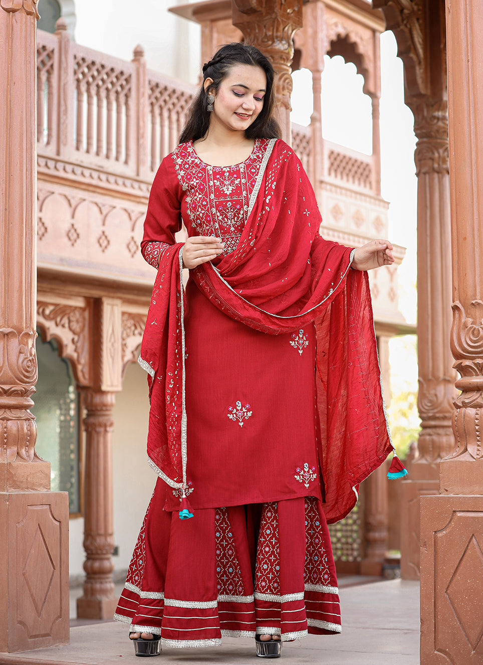 Kaajh Women's Red Rayon Embroidered Kurta Sharara Set With Dupatta - Distacart