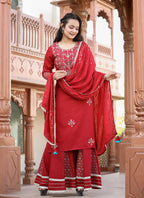 Kaajh Women's Red Rayon Embroidered Kurta Sharara Set With Dupatta - Distacart