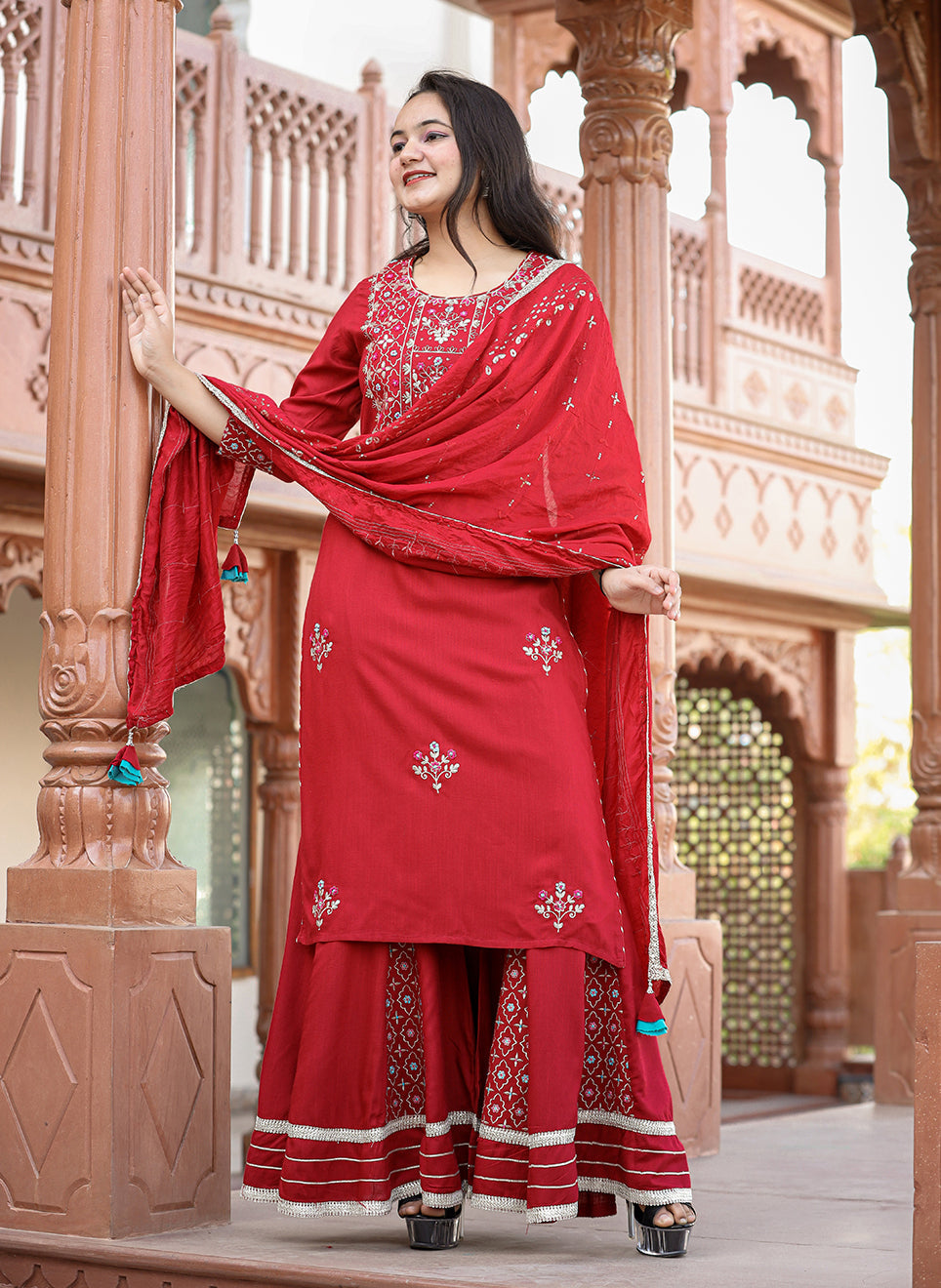 Kaajh Women's Red Rayon Embroidered Kurta Sharara Set With Dupatta - Distacart