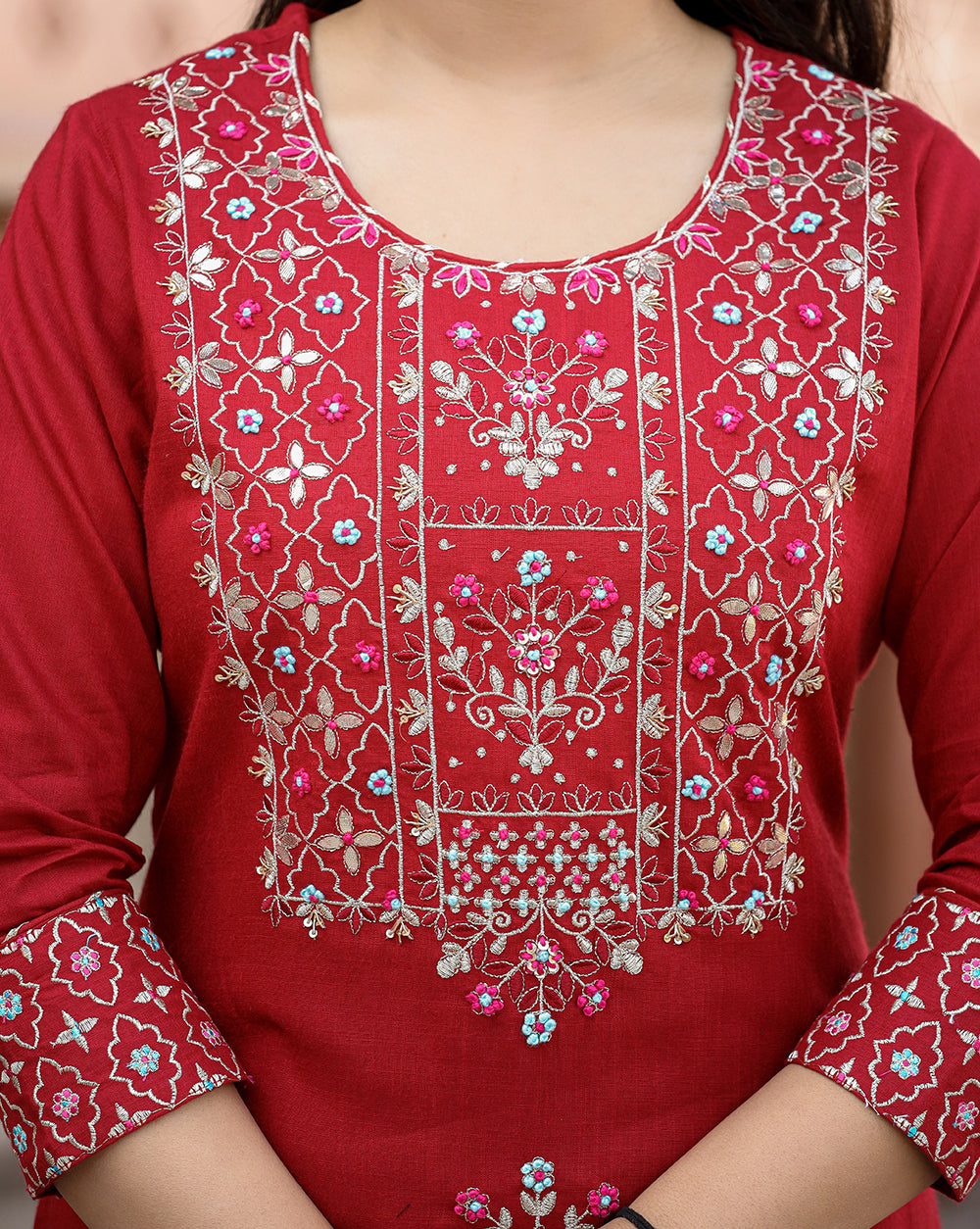 Kaajh Women's Red Rayon Embroidered Kurta Sharara Set With Dupatta - Distacart