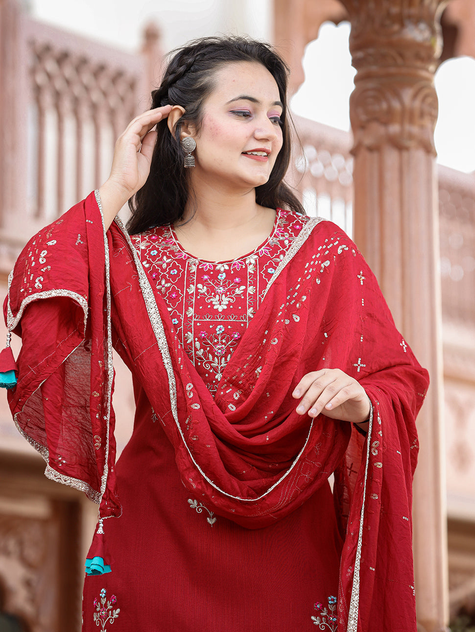 Kaajh Women's Red Rayon Embroidered Kurta Sharara Set With Dupatta - Distacart
