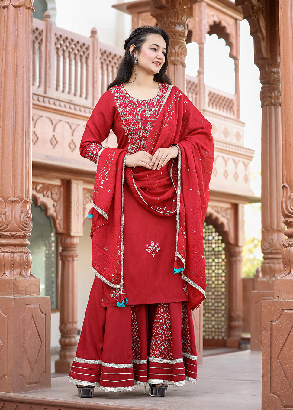 Kaajh Women's Red Rayon Embroidered Kurta Sharara Set With Dupatta - Distacart