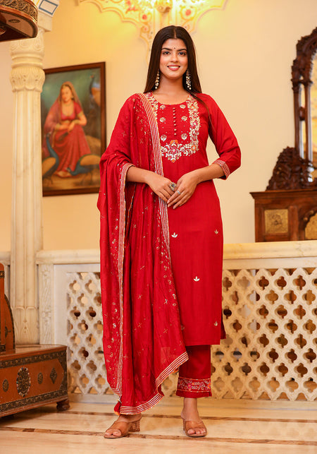 Kaajh Women's Red Rayon Embroidered Kurta Pant Set With Dupatta