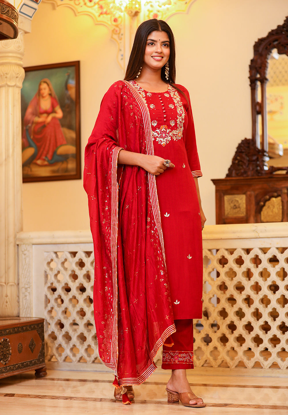 Kaajh Women's Red Rayon Embroidered Kurta Pant Set With Dupatta - Distacart