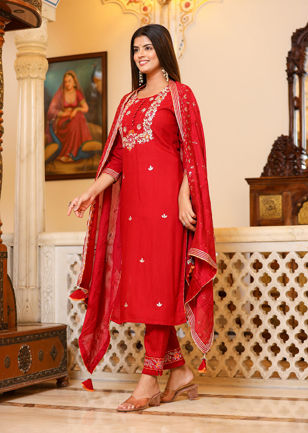 Kaajh Women's Red Rayon Embroidered Kurta Pant Set With Dupatta - Distacart