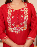 Kaajh Women's Red Rayon Embroidered Kurta Pant Set With Dupatta - Distacart