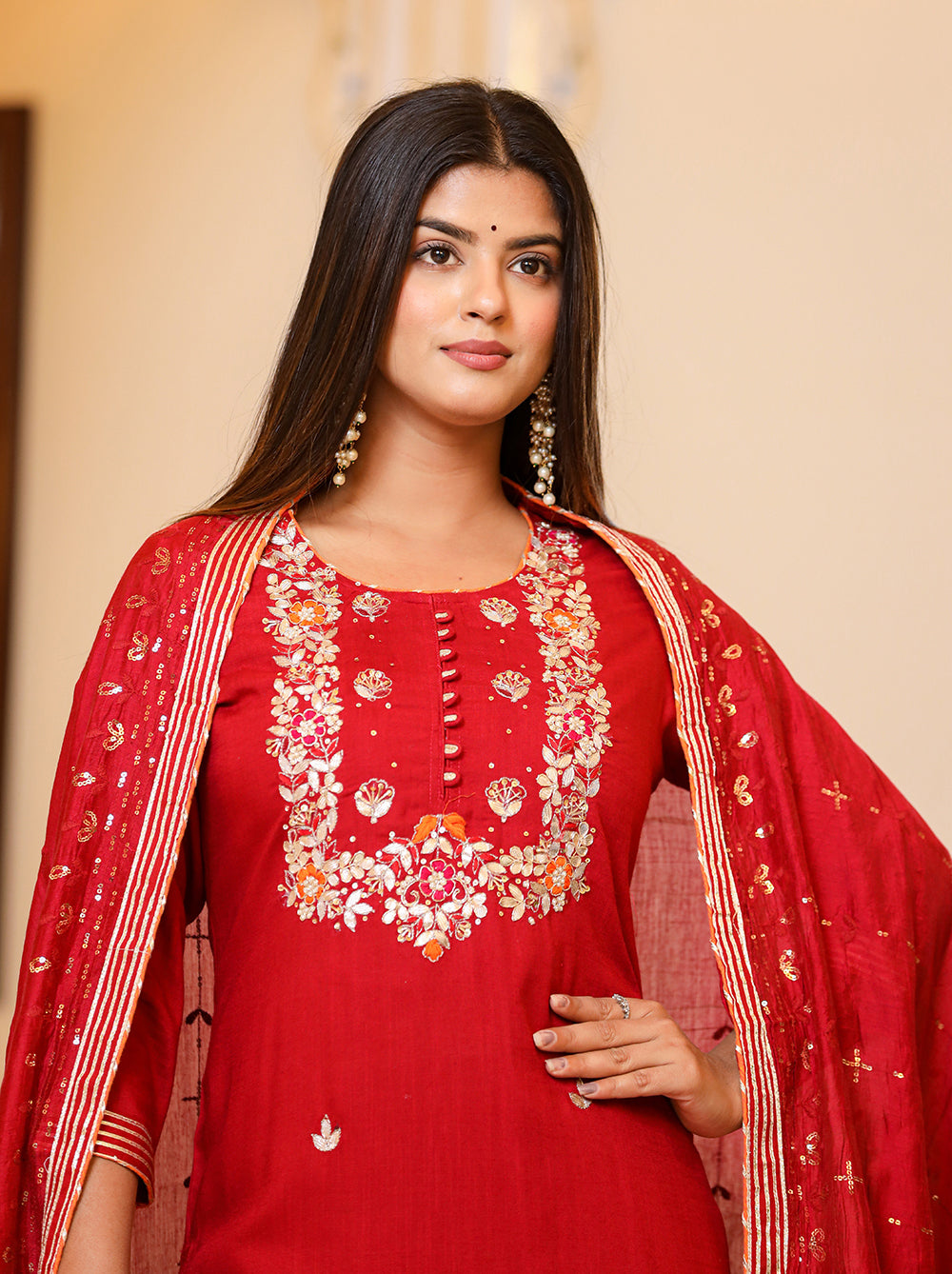 Kaajh Women's Red Rayon Embroidered Kurta Pant Set With Dupatta - Distacart