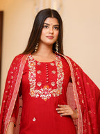 Kaajh Women's Red Rayon Embroidered Kurta Pant Set With Dupatta - Distacart