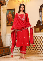 Kaajh Women's Red Rayon Embroidered Kurta Pant Set With Dupatta - Distacart