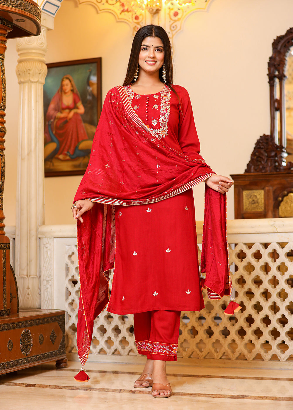 Kaajh Women's Red Rayon Embroidered Kurta Pant Set With Dupatta - Distacart