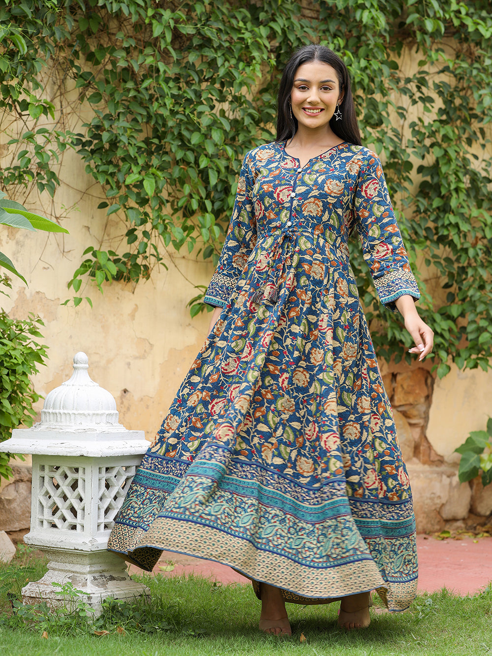 Kaajh Women's Blue Kalamkari Print Viscose Rayon Anarkali Dress - Distacart
