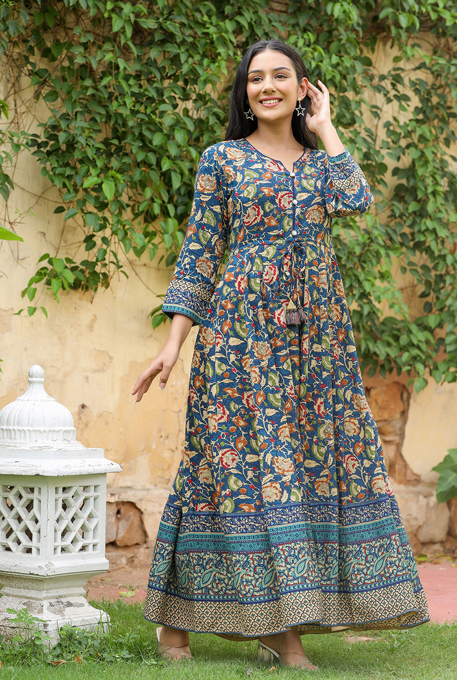 Kaajh Women's Blue Kalamkari Print Viscose Rayon Anarkali Dress - Distacart
