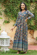 Kaajh Women's Blue Kalamkari Print Viscose Rayon Anarkali Dress - Distacart