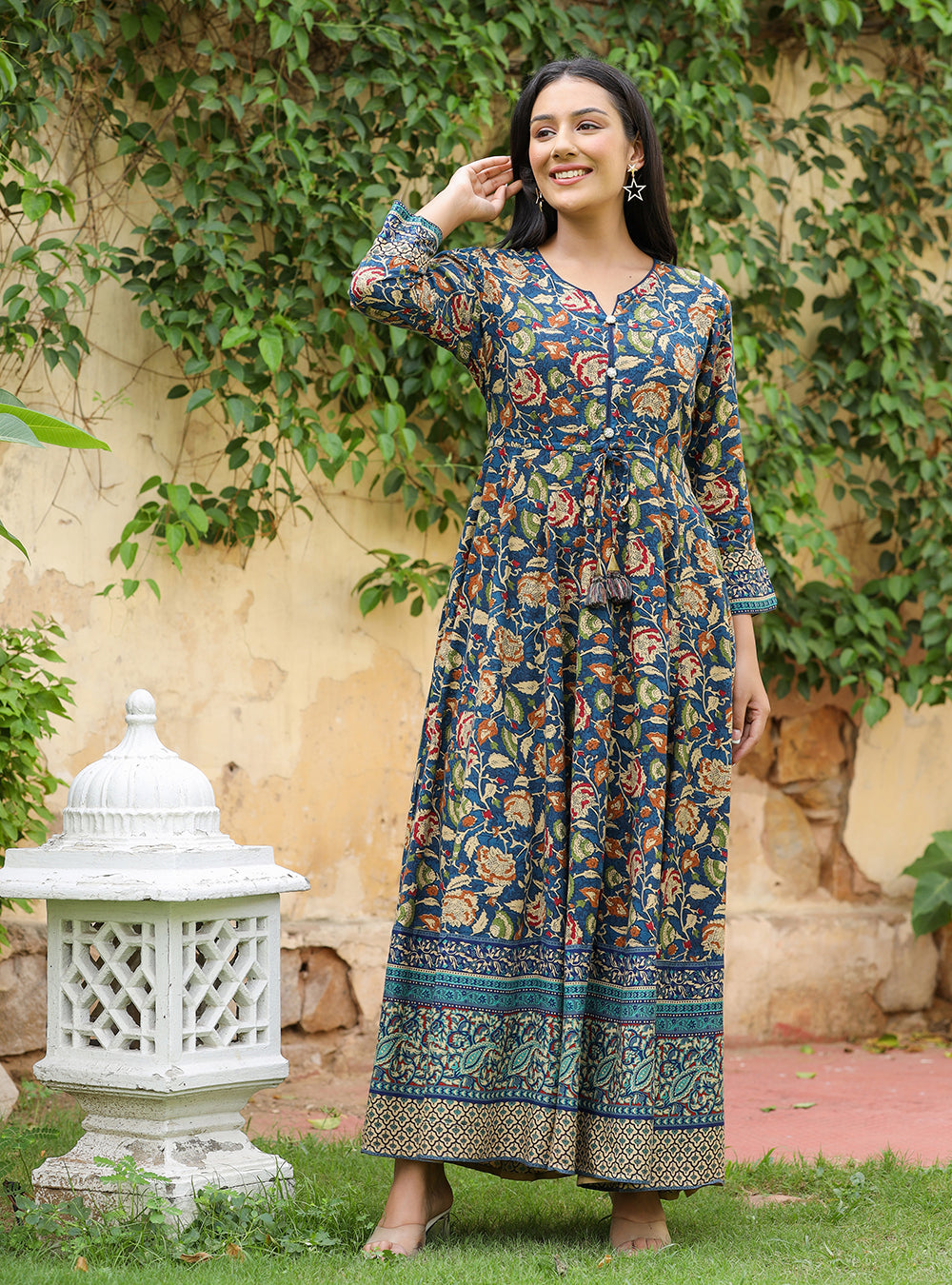 Kaajh Women's Blue Kalamkari Print Viscose Rayon Anarkali Dress - Distacart