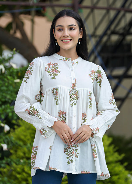 Kaajh Women's White Floral Printed Cotton Top