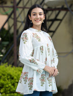 Kaajh Women's White Floral Printed Cotton Top