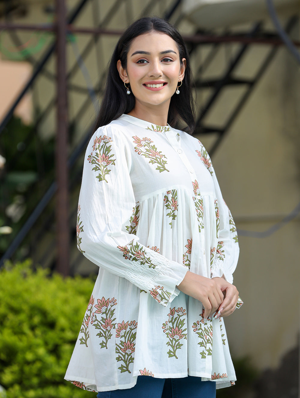 Kaajh Women's White Floral Printed Cotton Top