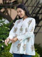 Kaajh Women's White Floral Printed Cotton Top