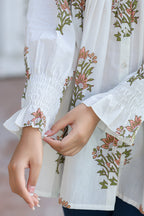 Kaajh Women's White Floral Printed Cotton Top