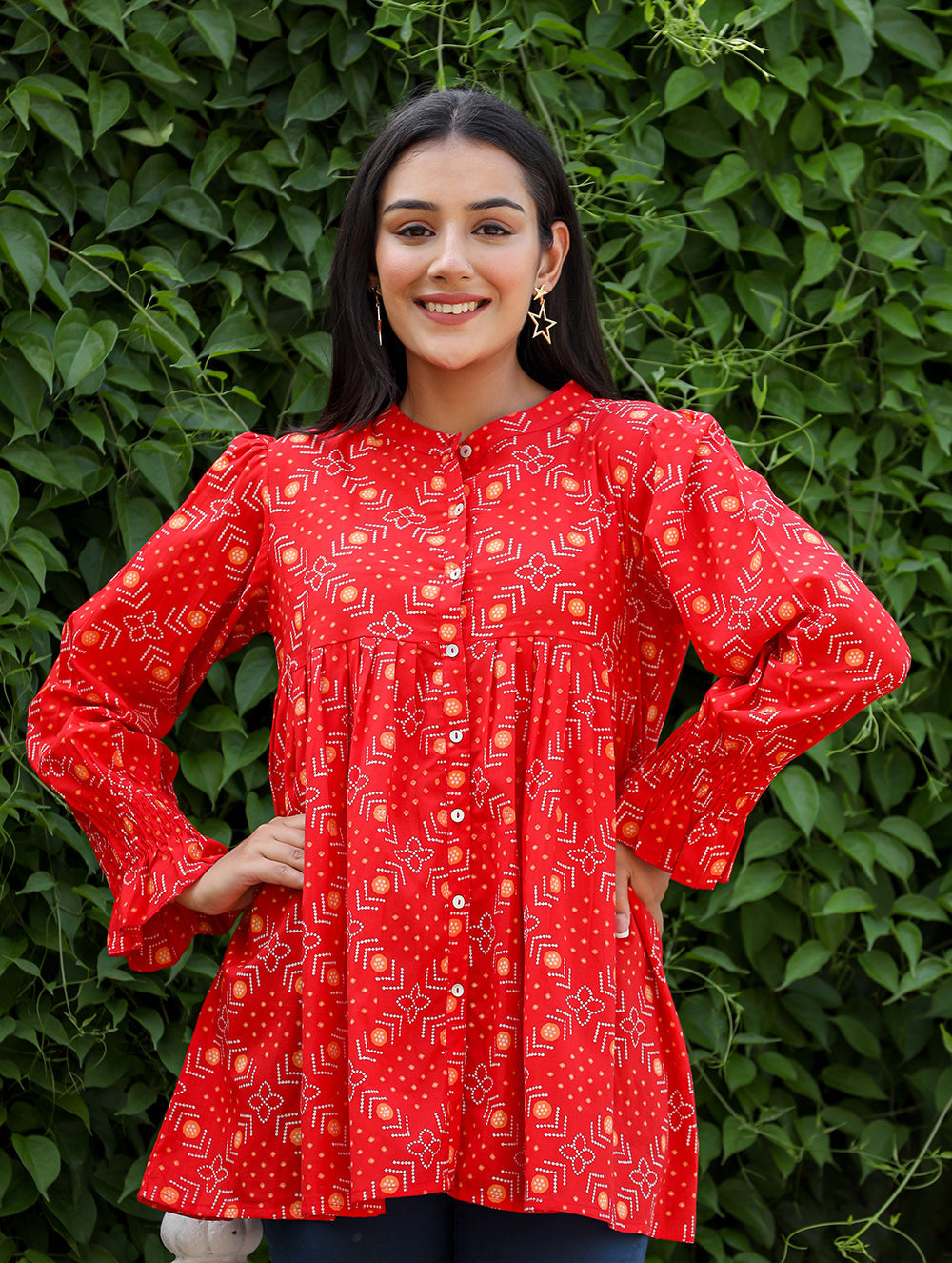 Kaajh Women's Red Printed Cotton Top