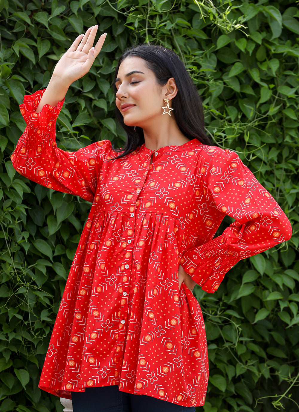 Kaajh Women's Red Printed Cotton Top