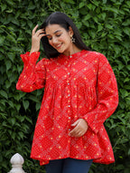 Kaajh Women's Red Printed Cotton Top