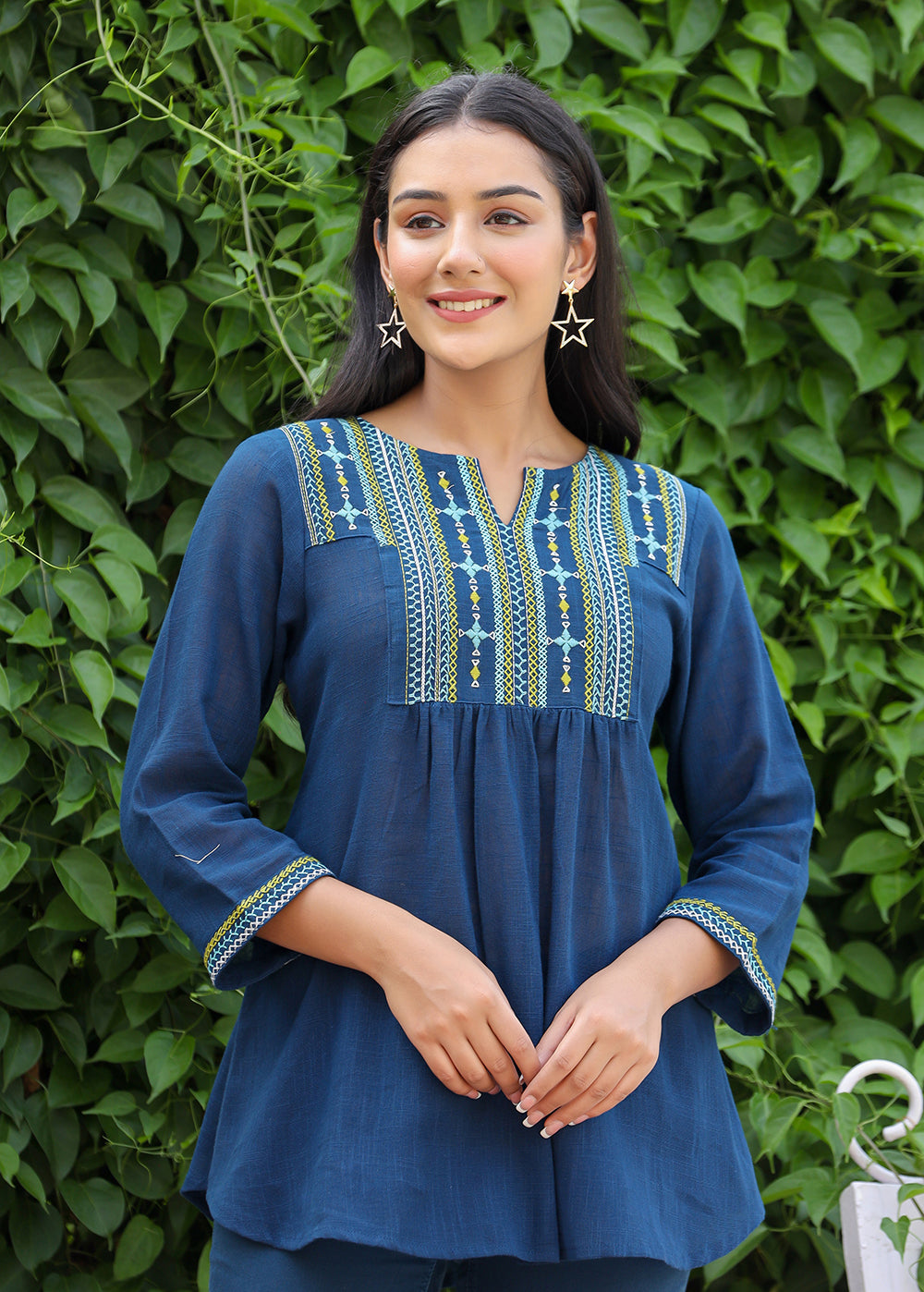Kaajh Women's Navy Blue Embroidered Cotton Top
