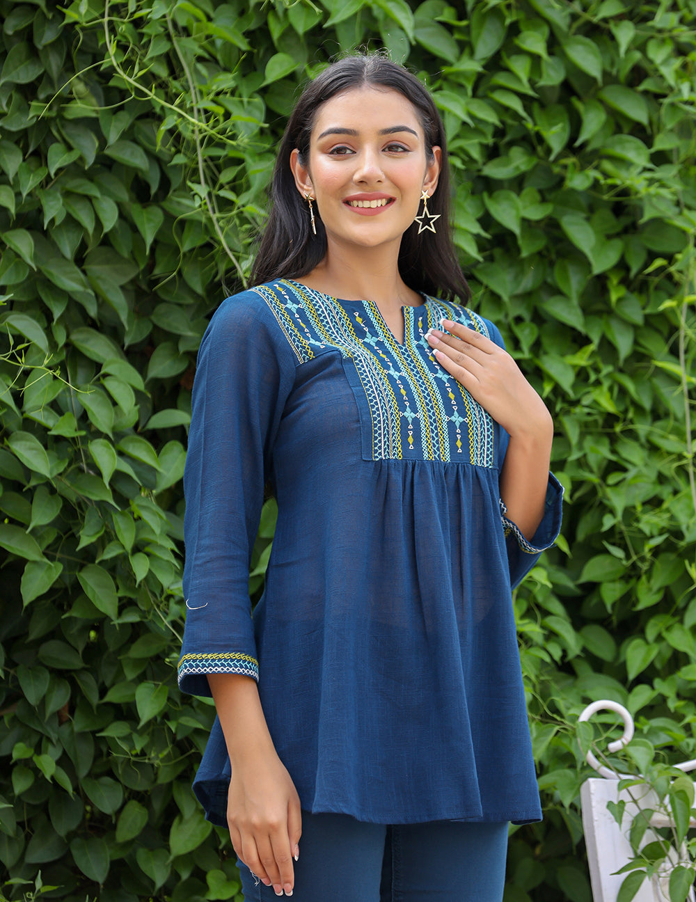 Kaajh Women's Navy Blue Embroidered Cotton Top